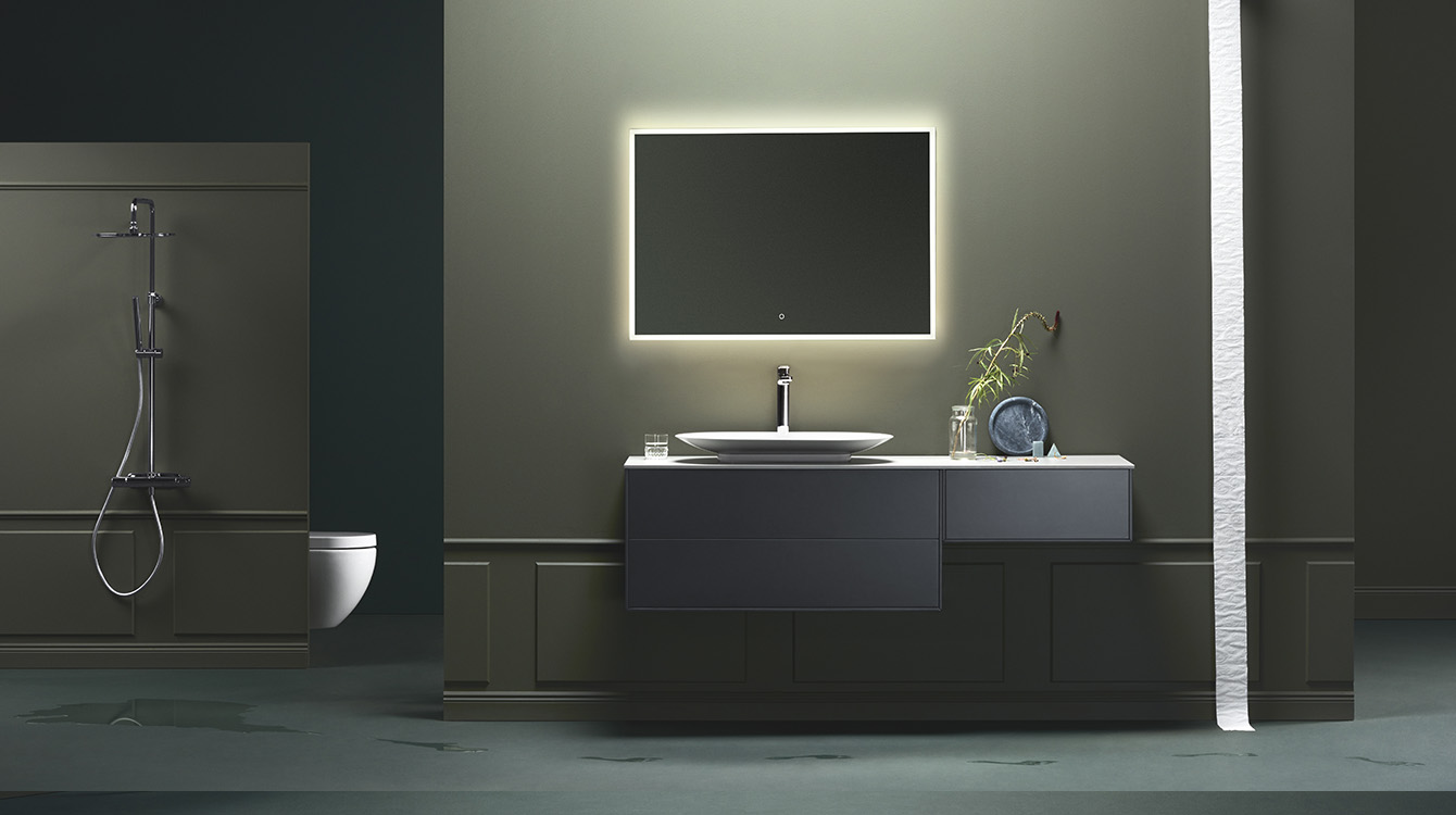 Hafa Edge 1600 i antracitgrå med Hafa Edge Oval-porcelæn.